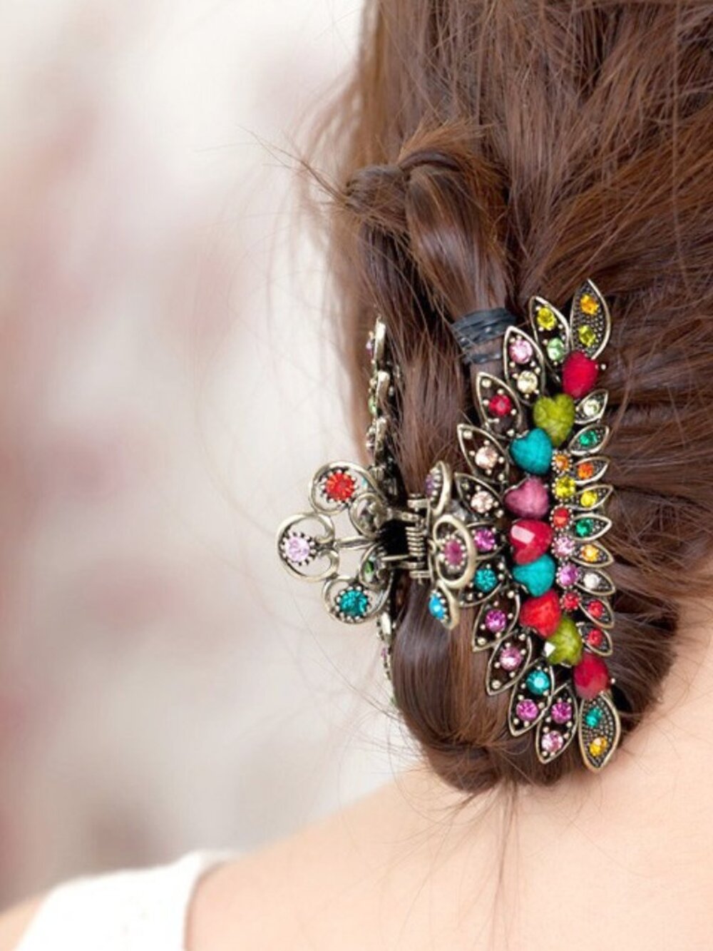 Vintage Bronze Multicolored Gem Leaf Claw Clip
